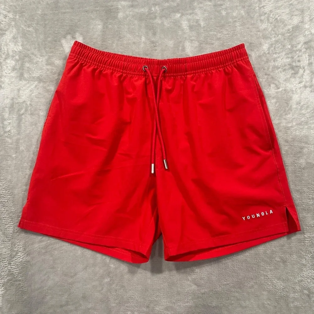 YoungLA Swim Trunks Mens Medium Red Board Shorts Mesh Elastic Drawstrings